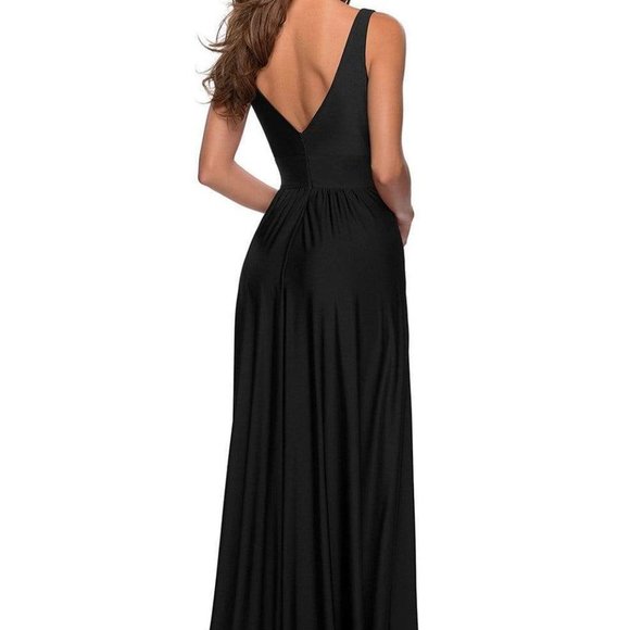 La Femme 28547SC Ruch-Ornate Sleeveless Deep V-Neck High Slit A-Line Prom Dress - Picture 2 of 5